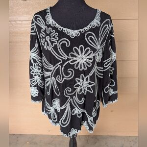 Lauren Michelle Black Top with White and Silver Floral Embroidery
